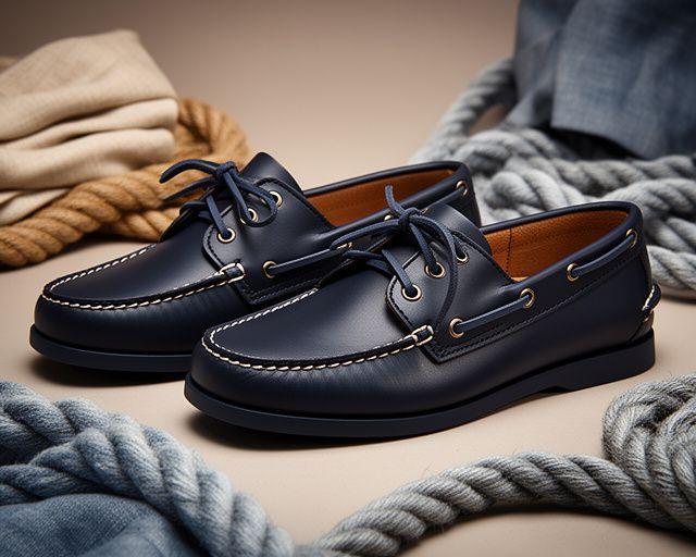 Dunkelblaue Segelschuhe in einem Studio mit gefalteten Leinenseilen und weicher Seitenbeleuchtung