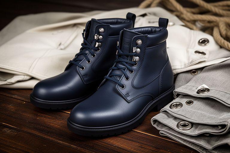 Navy Boots auf dunklem Holz mit gefalteter Segeltuchjacke und Metallösen im weichen Licht