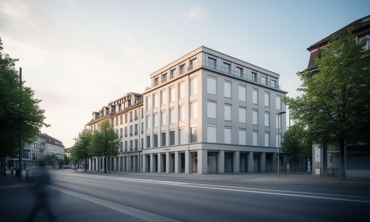 Aussenansicht eines Zürcher Firmenstandorts mit ruhiger Strasse, klarer Beschilderung und hellem Nachmittagslicht