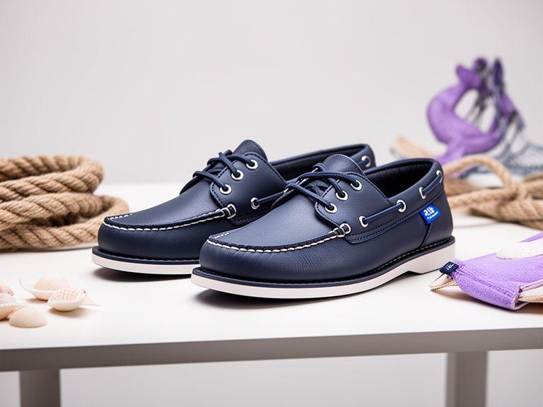 Nautische Schuhe auf einem hellen Studiotisch mit maritimen Details und sauberer Kantenverarbeitung