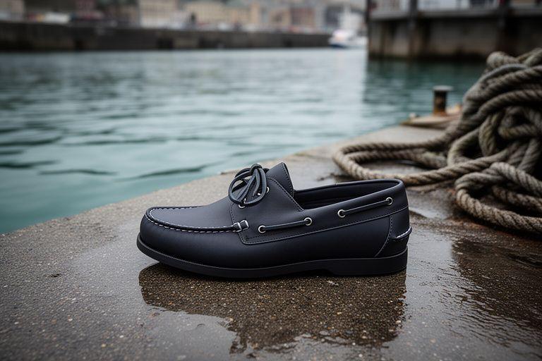 Dunkler Deckschuh auf einem Pier mit nassem Beton, dicken Tauen und ruhigem Hafenwasser