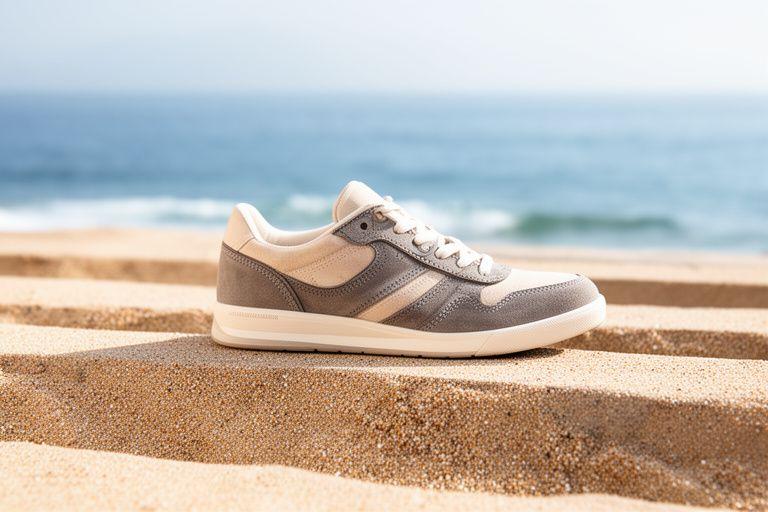 Freizeit-Sneaker in Sand und Marine auf einer Steintreppe mit Blick auf die Küste