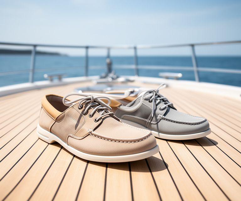 Yacht-Linie Schuhe auf hellen Holzdielen an Bord einer eleganten Yacht