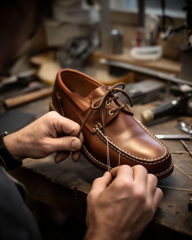 Schuhmacher bei der Handarbeit an einem nautischen Lederschuh in einer Zürcher Werkstatt