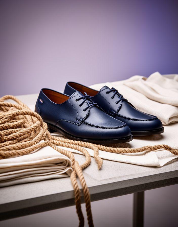 Maritime Schuhkollektion auf einem hellen Studiotisch mit Seil, Leinenstoff und präzise gesetztem Licht