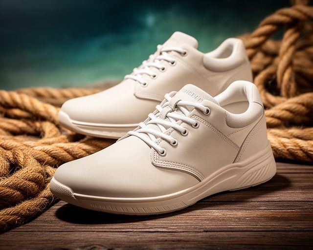 Helle Boots-Sneaker neben einem maritimen Seil und Holzplanken mit weichem Schattenwurf