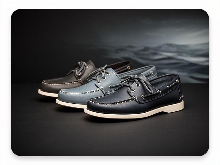Nautisch inspirierte Schuhe auf einem dunklen Studiotisch mit sauberem Licht