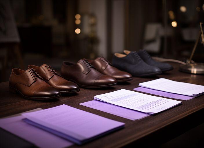 Präzise angeordnete Schuhe und Dokumente auf einem dunklen Holztisch in einem Zürcher Atelier