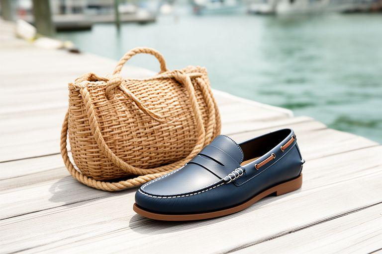 Maritimer Loafer neben einer geflochtenen Tasche und einer hellen Liege auf einer Pier aus Holz