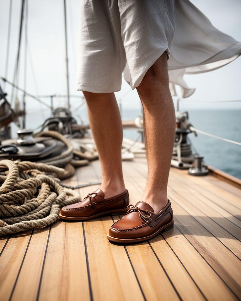 Model trägt nautische Lederschuhe auf einem hellen Holzdeck mit Seilen und sanftem Tageslicht