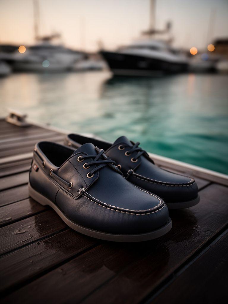 Nautische Schuhe auf einem dunklen Yachthafensteg mit sanftem Abendlicht